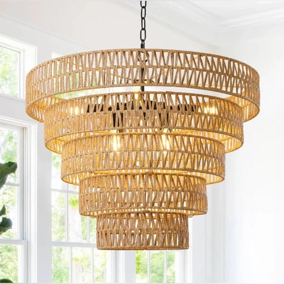 8-Light Dimmable Hand-Woven Rattan Tiered Chandelier - Picture 1 of 10